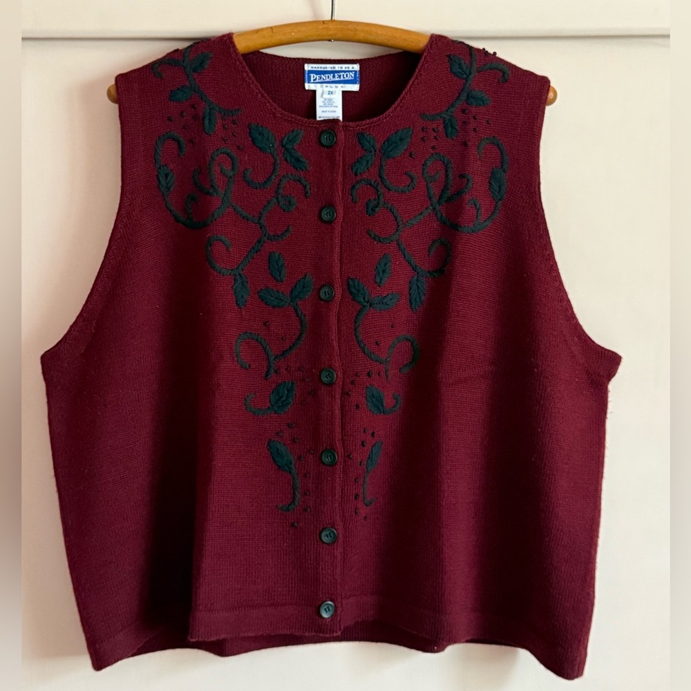 Vintage Pendleton Vest Waistcoat Sleeveless Sweater 2x Maroon embroidered NWOT - Picture 2 of 5